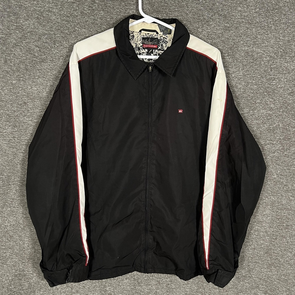 Quiksilver‎ Jacket Mens Large Black Stripe Full Zip Lined Surf Skate VTG Y2K